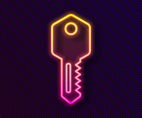 Glowing neon line House key icon isolated on black background. Vector Illustration.