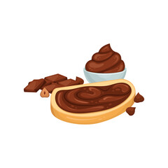 Vector illustration of a cream bowl with chocolate paste, a sandwich with chocolate paste, nuts and chocolate. Sweet snack. Chocolate-nut paste.