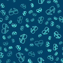 Green line 3D cinema glasses icon isolated seamless pattern on blue background. Vector Illustration.