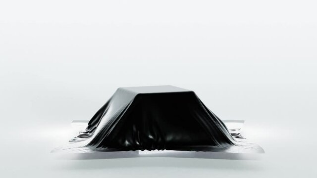 Secret gift, hidden under satin fabric with drapery and folds. Empty podium, stand with tablecloth to show magic tricks. Box, cube covered with black wave silk cloth isolated on white background.
