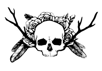 Vector hand drawn illustration. Artwork with skull, flowers, wings. Alchemy, religion, spirituality, occultism, tattoo art. Template for postcard, banner, poster, print for t-shirt