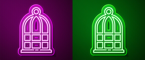Glowing neon line Cage for birds icon isolated on purple and green background. Vector.