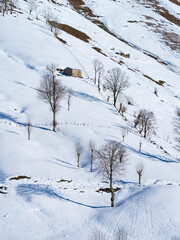 Pasiegas cabins in winter in the Valle del Miera in the Valles Pasiegos de Cantabria. Spain.Europe