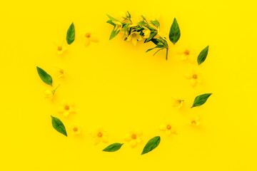 Happy Easter mockup - yellow flowers, flat lay, top view