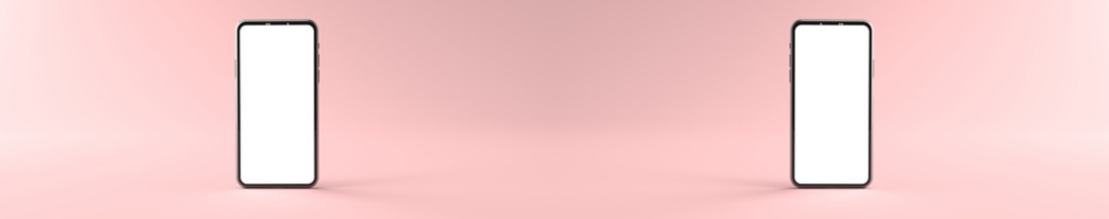 3D rendering of mockups Smartphones white screen on pink floor, Mobile phone lay down on the ground. Smartphones white screen can be used for commercial advertising, Isolated on pink background.