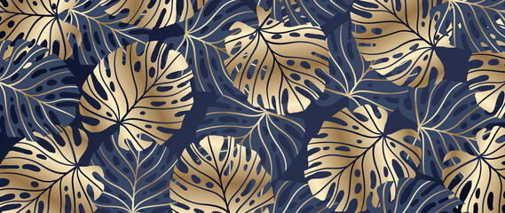 Gold pattern background vector. Monstera and tropical palm leaves line arts design wallpaper for canvas prints, fabric, wall arts for home decoration, website background. luxury  invitations. © TWINS DESIGN STUDIO