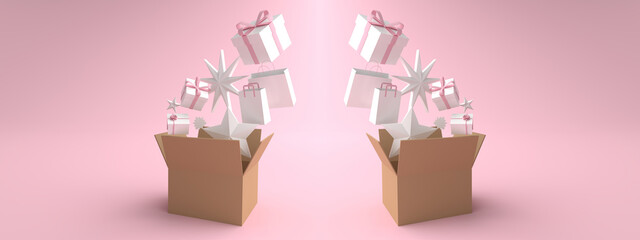 3D rendering of Brown cardboard box with Many pink white gift boxes, Paper bags lay are floating. Concept of gift boxes delivery by Brown cardboard box, surprises concept, isolated on pink background.