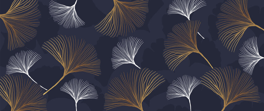 Luxury Gold background pattern vector. Ginkgo line arts on blue Background. Vector illustration