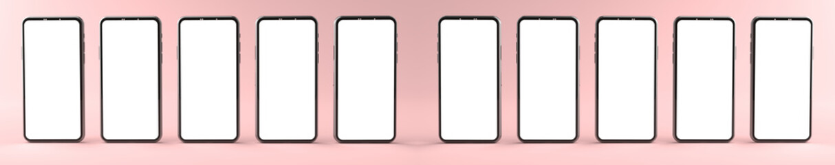 3D rendering of mockups Smartphones white screen on pink floor, Mobile phone lay down on the ground. Smartphones white screen can be used for commercial advertising, Isolated on pink background.