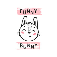 Cute Hare. Funny Bunny Head for Tee Print Design for Kids. Easter Rabbit Face. Vector Cartoon Little Baby Animal. Scandinavian Card, Print or Poster Design
