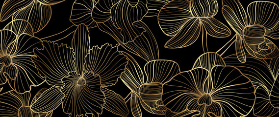 Luxury elegant gold orchids floral line arts pattern and black background. Topical flower wallpaper design, Fabric, surface design. Vector illustration.