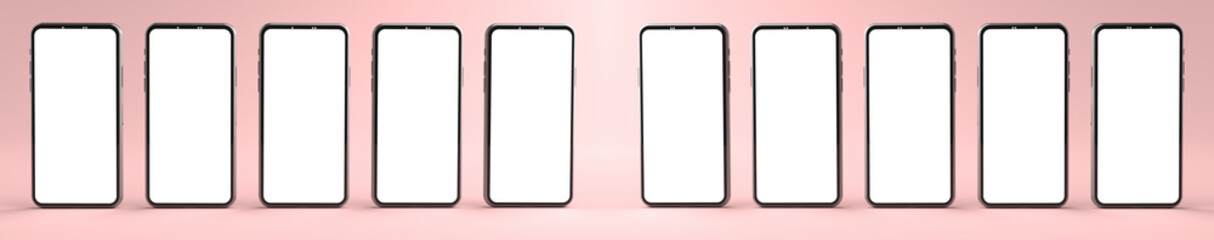 3D rendering of mockups Smartphones white screen on pink floor, Mobile phone lay down on the ground. Smartphones white screen can be used for commercial advertising, Isolated on pink background.