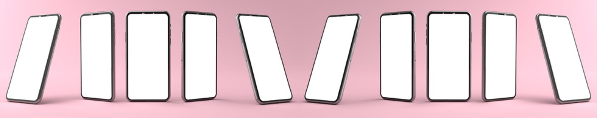 3D rendering of mockups Smartphones white screen on pink floor, Mobile phone lay down on the ground. Smartphones white screen can be used for commercial advertising, Isolated on pink background.