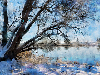 Snowy winter landscape on the Havel River in Havelland. Watercolour painting.