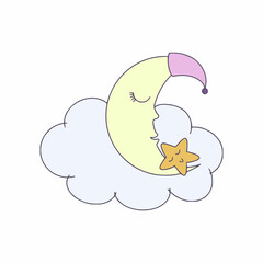 The moon and the star sleep on a cloud. Vector illustration in the doodle style for children.