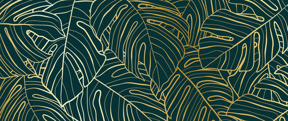 Gold pattern background vector. Monstera and tropical palm leaves line arts design wallpaper for canvas prints, fabric, wall arts for home decoration, website background. luxury  invitations.