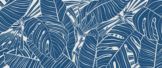 Luxury nature leaves background vector. Floral pattern, Tropical leaf with line arts, jungle plants, Exotic pattern with palm leaves. Vector illustration. - obrazy, fototapety, plakaty