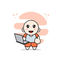 Cute kids character holding laptop.