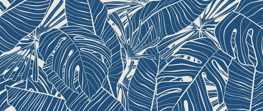 Fototapeta Luxury nature leaves background vector. Floral pattern, Tropical leaf with line arts, jungle plants, Exotic pattern with palm leaves. Vector illustration.