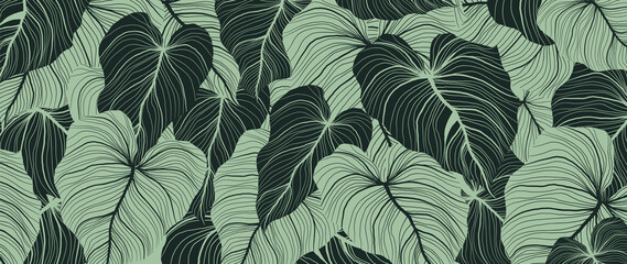 Luxury nature leaves background vector. Floral pattern, Tropical leaf with line arts, jungle plants, Exotic pattern with palm leaves. Vector illustration.