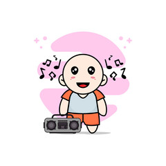 Cute kids character holding radio.