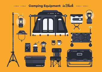 Camping equipment collection in black colour tone, Camping element in flat vector style