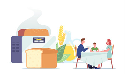 Happy Family Mother, Father and Child Characters Sitting at Table Dining, Eating Homemade Bread near Huge Baked Loaf