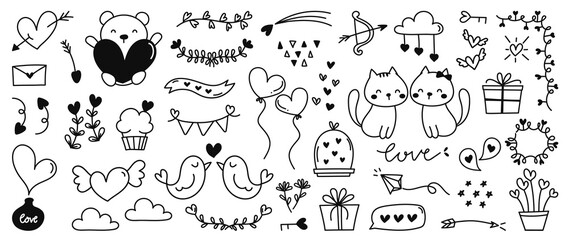 Fototapeta na wymiar Cute valentines day doodle vector set. Hand drawn fashion elements for kids. Love and animal , Labels, gift box , heart, arrow, wings, flowers set, cute cat, women, start, plant vector illustration.