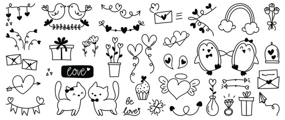 Cute valentines day doodle vector set.  Hand drawn fashion elements for kids. Love and animal , Labels, gift box , heart, arrow, wings, flowers set, cute cat, women, start, plant vector illustration. © TWINS DESIGN STUDIO