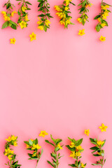 Frame of yellow flowers with leaves. Wreath of wild spring flowers