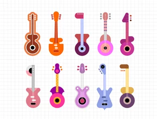 Gordijnen Set van tien verschillende veelkleurige gitaren op een witte rasterachtergrond. Elektrische en akoestische gitaren. ©  danjazzia