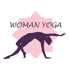 Silhouette of beautiful lady in yoga pose with mandala background and lettering. Woman yoga logo. Lady yoga icon.