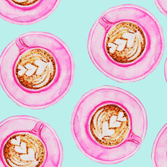 breakfast, pink tea pair, a cup of coffee or cappuccino with milk foam in the shape of a heart ,seamless