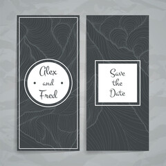 Set of doodle card templates with hand-drawn landscape elements and mountains. Stylish simple monochromatic ink design