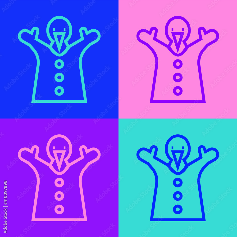 Poster pop art line toy puppet doll on hand icon isolated on color background. vector.