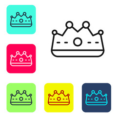 Black line King crown icon isolated on white background. Set icons in color square buttons. Vector.