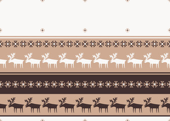 .Reindeers and Saami patterns geometric seamless texture. Lapland nature illustration.Vector design. .