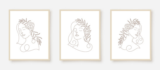 beauty woman faces in line art floral frame