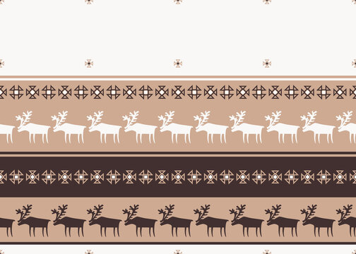 .Reindeers And Saami Patterns Geometric Seamless Texture. Lapland Nature Illustration.Vector Design. .