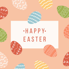 Happy Easter square banner with decorated different ornaments eggs on background. Festive greeting card template. Flat vector illustration for spring religious holiday Paschal. Egg hunt poster.