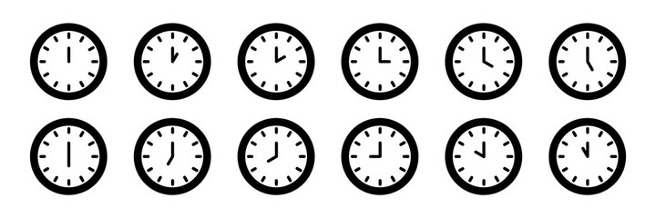 Set of analog clock icon notifying each hour isolated on white background. Time sign vector illustration