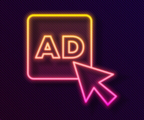 Glowing neon line Advertising icon isolated on black background. Concept of marketing and promotion process. Responsive ads. Social media advertising. Vector.