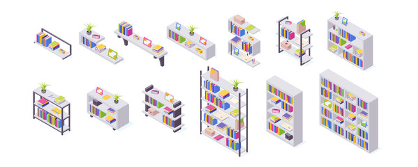 Books on shelf in isometric vector illustration set. © Yuliia Osadcha