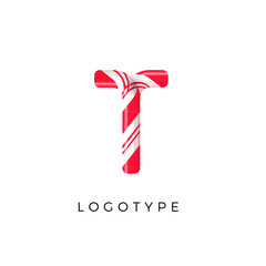 Candy letter T with bright red and white stripes. Like Sweet lollipop or funny cane. Vector latin symbol for logo and monogram. Branding typeset design