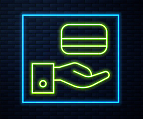 Glowing neon line Digital door lock with wireless technology for unlock icon isolated on brick wall background. Door handle sign. Security smart home. Vector.