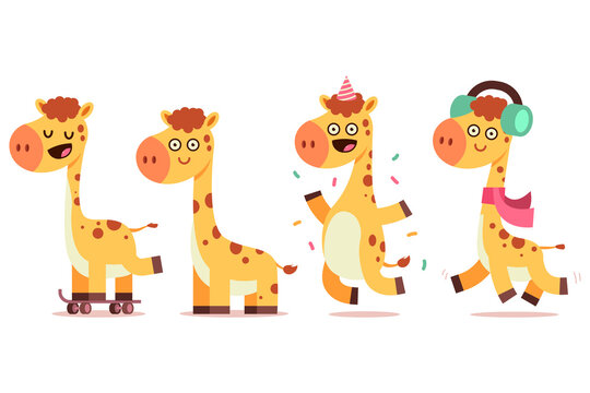 Cute baby giraffe vector cartoon funny characters set isolated on a white background.