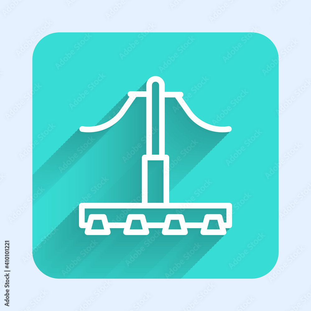 Poster white line railway icon isolated with long shadow. railroad overhead lines. contact wire. green squa