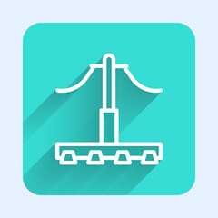 White line Railway icon isolated with long shadow. Railroad overhead lines. Contact wire. Green square button. Vector.