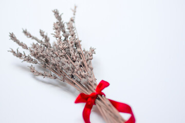 Red gift lavender with ribbon. Lavender Valentine's Day gift. Natural eco and bio gift. Sensual minimal gift dried lavender bouquet