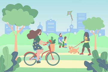 People walking in the park. Girl riding a bake. Dad and daughter are flying a kite. African american girl walking the dog. Flat vector illustration